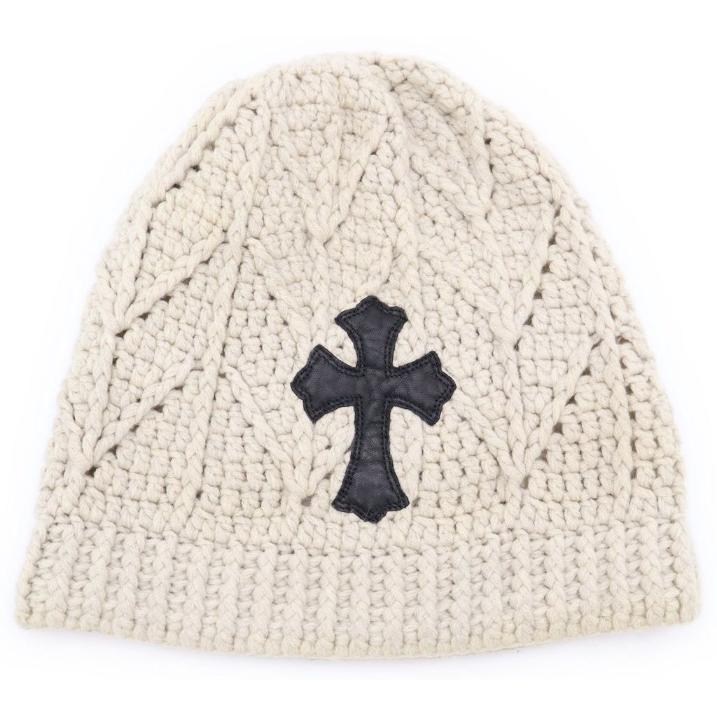 Chrome Hearts Cashmere Beanie with Cross Patch Knit Hat Ivory Black