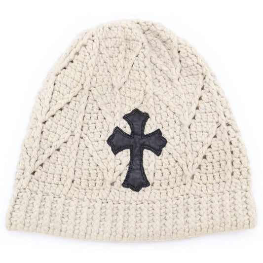 Chrome Hearts Cashmere Beanie with Cross Patch Knit Hat Ivory Black