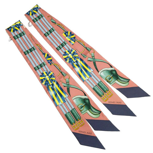 Hermes Twilly Set of 2 Scarf Jumping Dull Pink Navy Silk