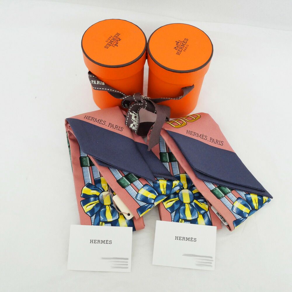 Hermes Twilly Set of 2 Scarf Jumping Dull Pink Navy Silk — view 8