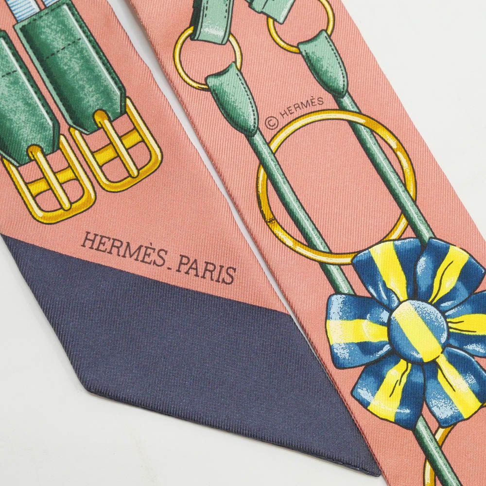 Hermes Twilly Set of 2 Scarf Jumping Dull Pink Navy Silk — view 6