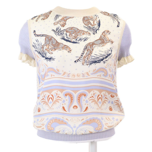 Hermes Twill Lane Cheetah and Palm Tree Silk Short Sleeve Sweater 36
