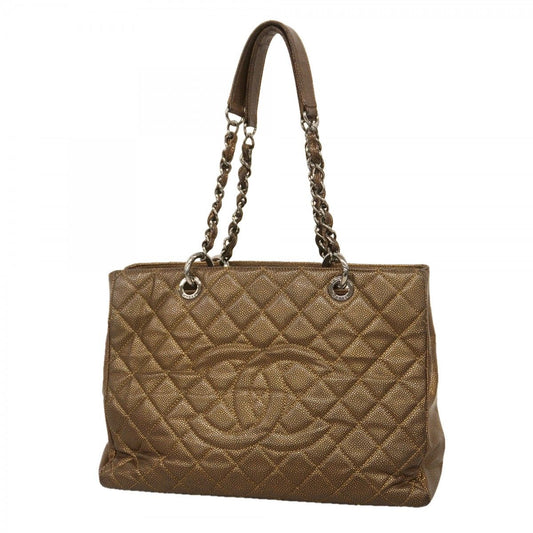 Chanel Chain Tote Quilted Caviar Leather Brown Silver