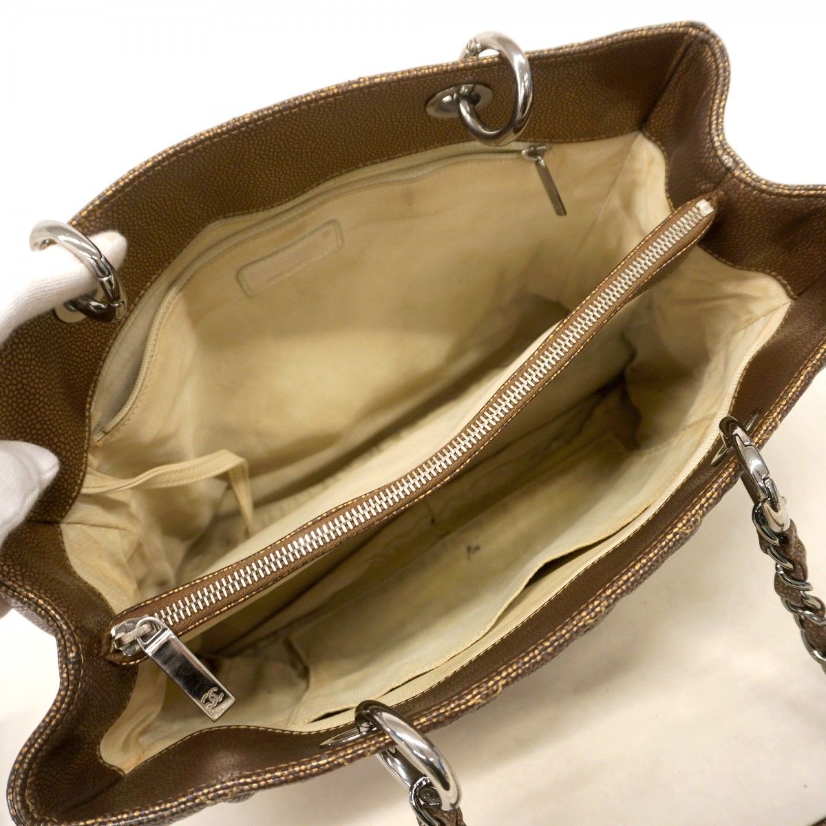 Chanel Chain Tote Quilted Caviar Leather Brown Silver — view 4