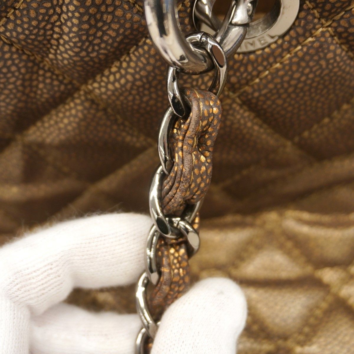 Chanel Chain Tote Quilted Caviar Leather Brown Silver — view 8