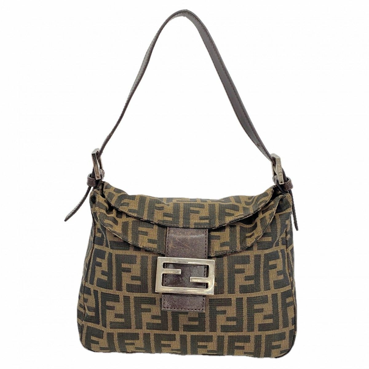 Fendi Handbag Zucca Nylon Canvas Brown Silver