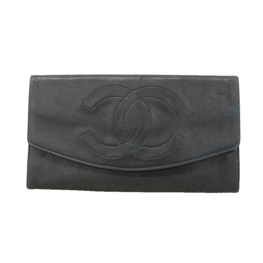 Chanel Long Bill Holder Lambskin Black Gold Wallet