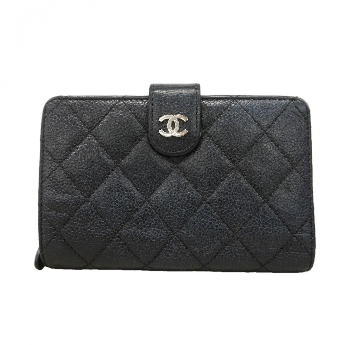 Chanel Wallet Quilted Caviar Leather Black Silver