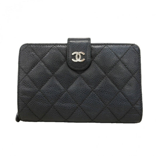 Chanel Wallet Quilted Caviar Leather Black Silver