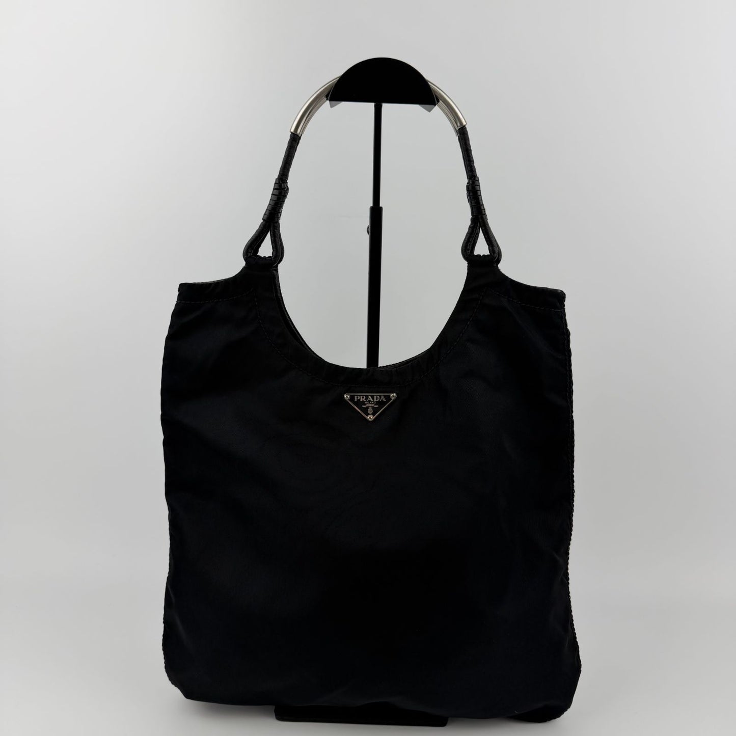 Prada Triangle Logo Shoulder Bag Tote Black Nylon Vintage