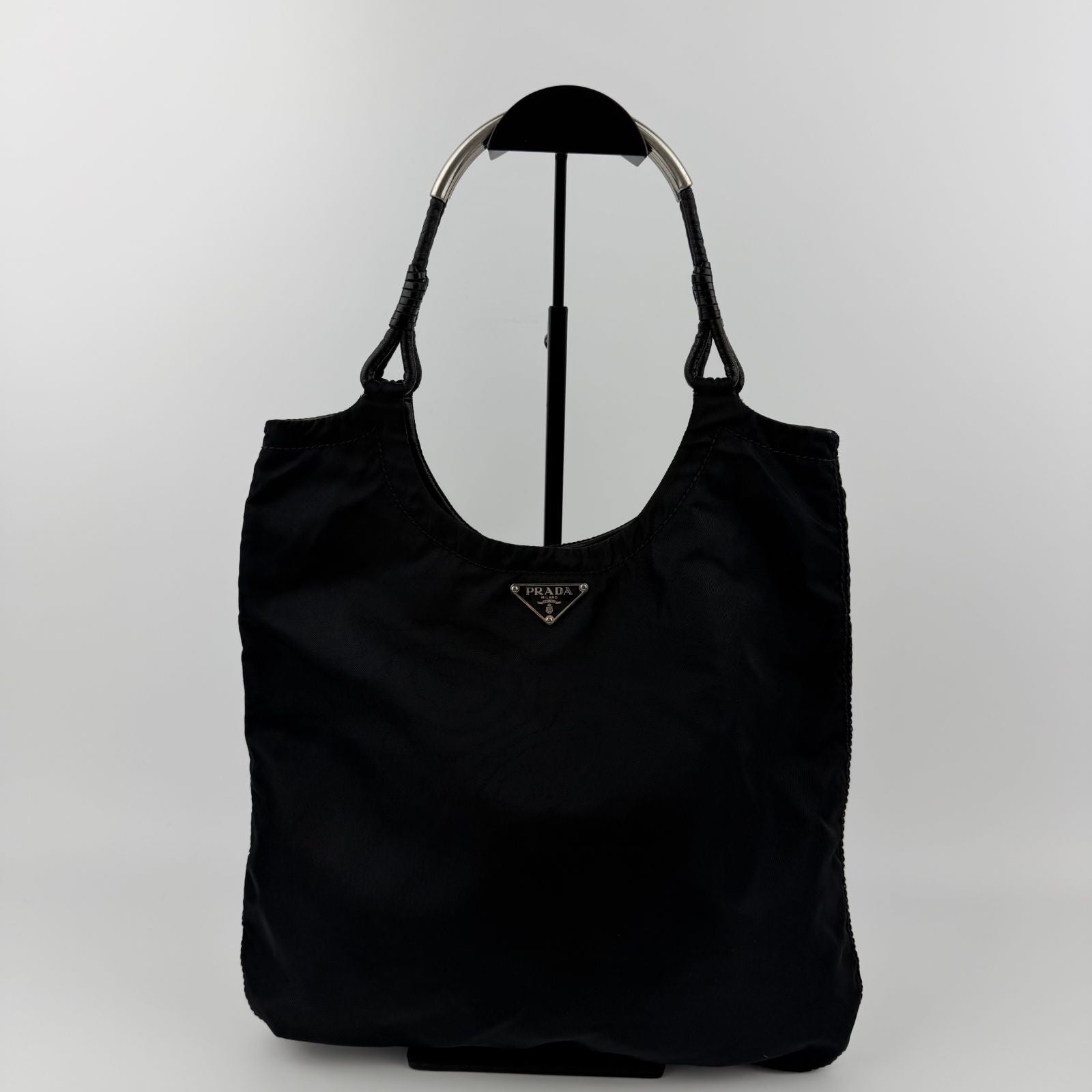Prada Triangle Logo Shoulder Bag Tote Black Nylon Vintage