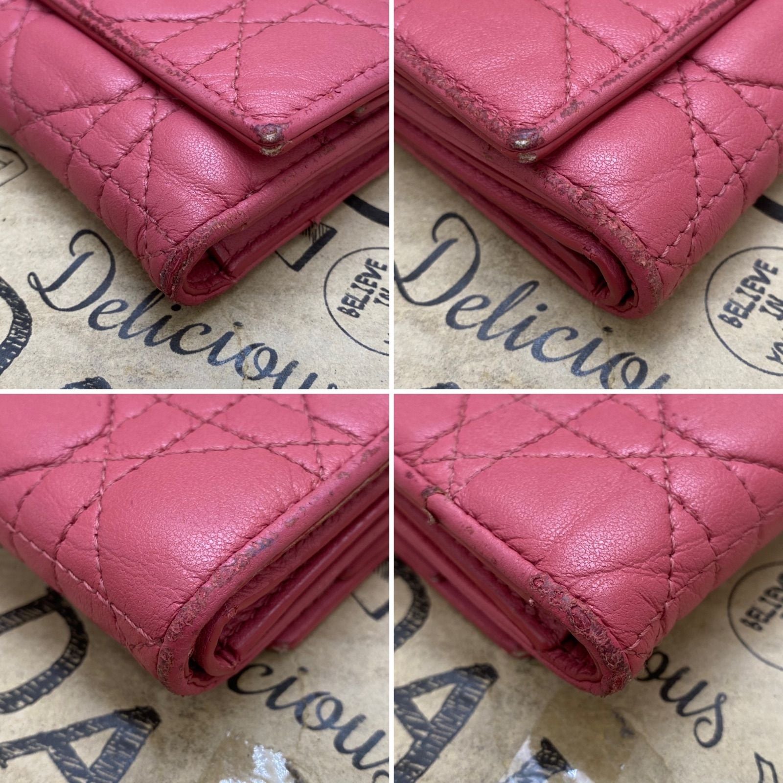 Dior Trifold Wallet Cannage Pink Coin Card Billfold Compact — view 7
