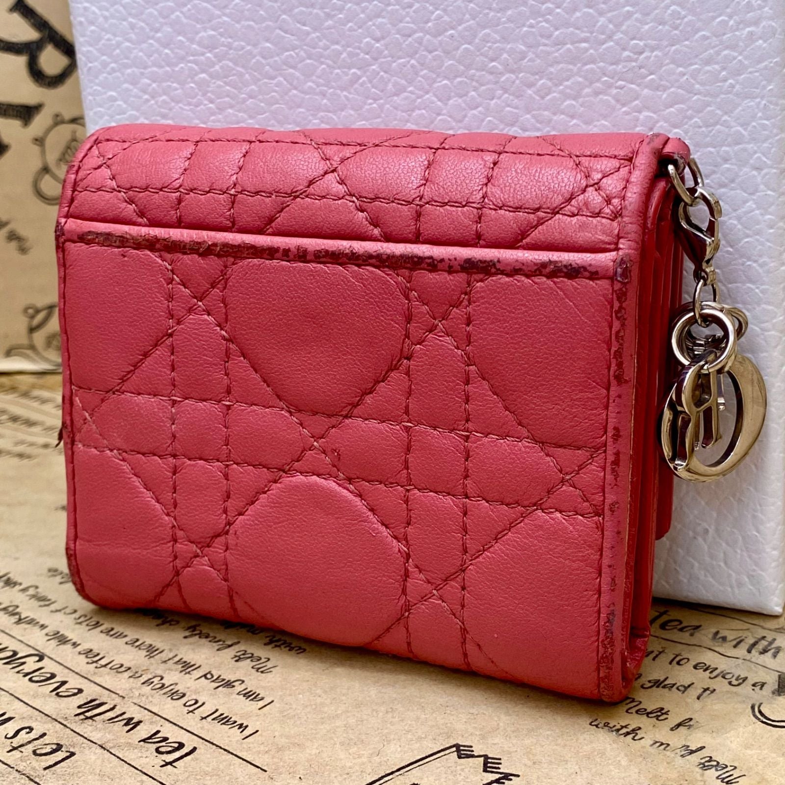 Dior Trifold Wallet Cannage Pink Coin Card Billfold Compact — view 2