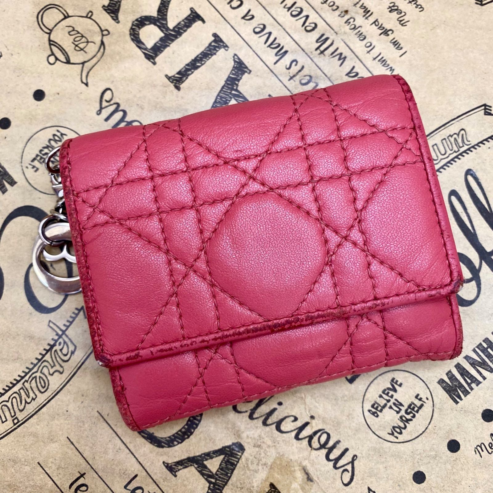 Dior Trifold Wallet Cannage Pink Coin Card Billfold Compact — view 3