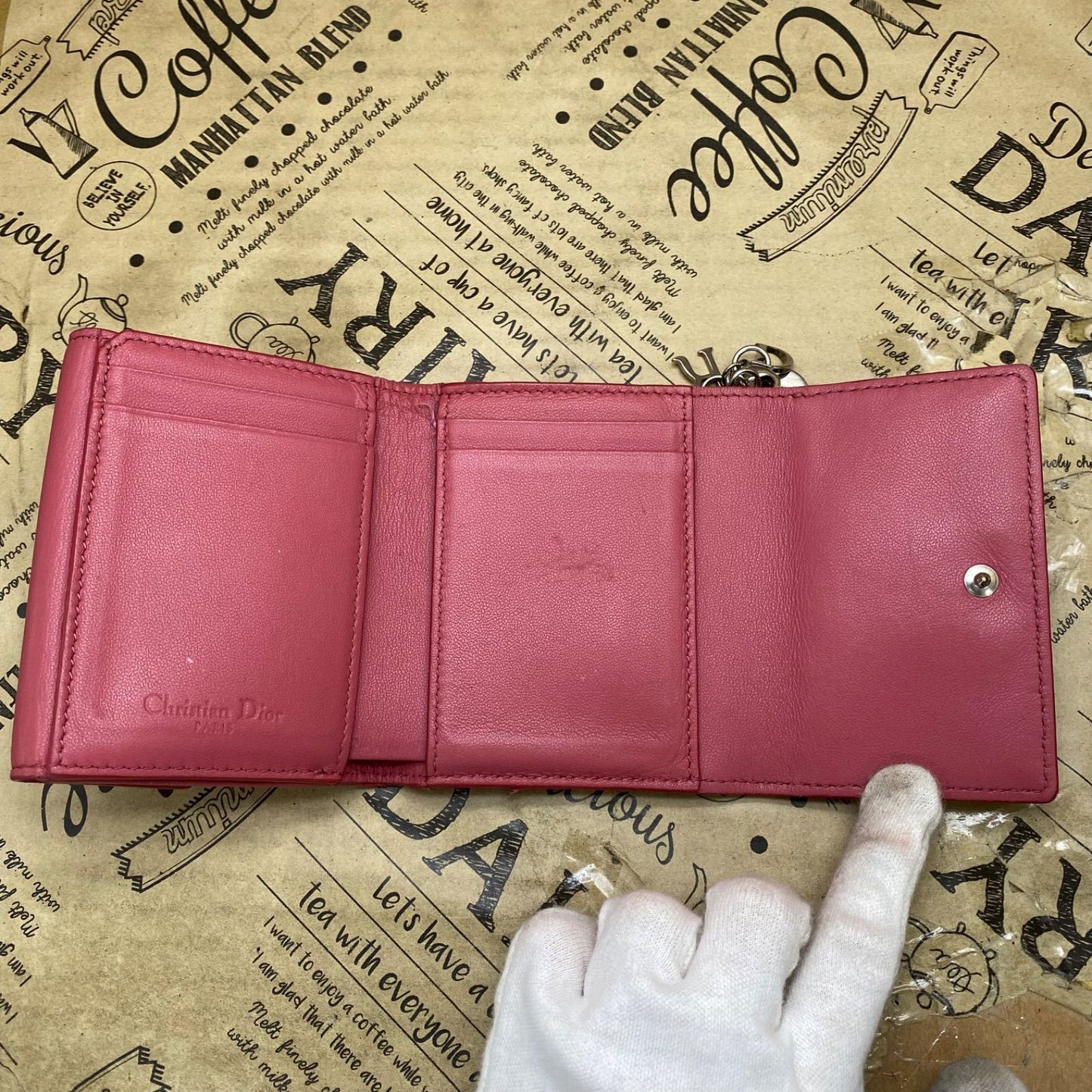 Dior Trifold Wallet Cannage Pink Coin Card Billfold Compact — view 8