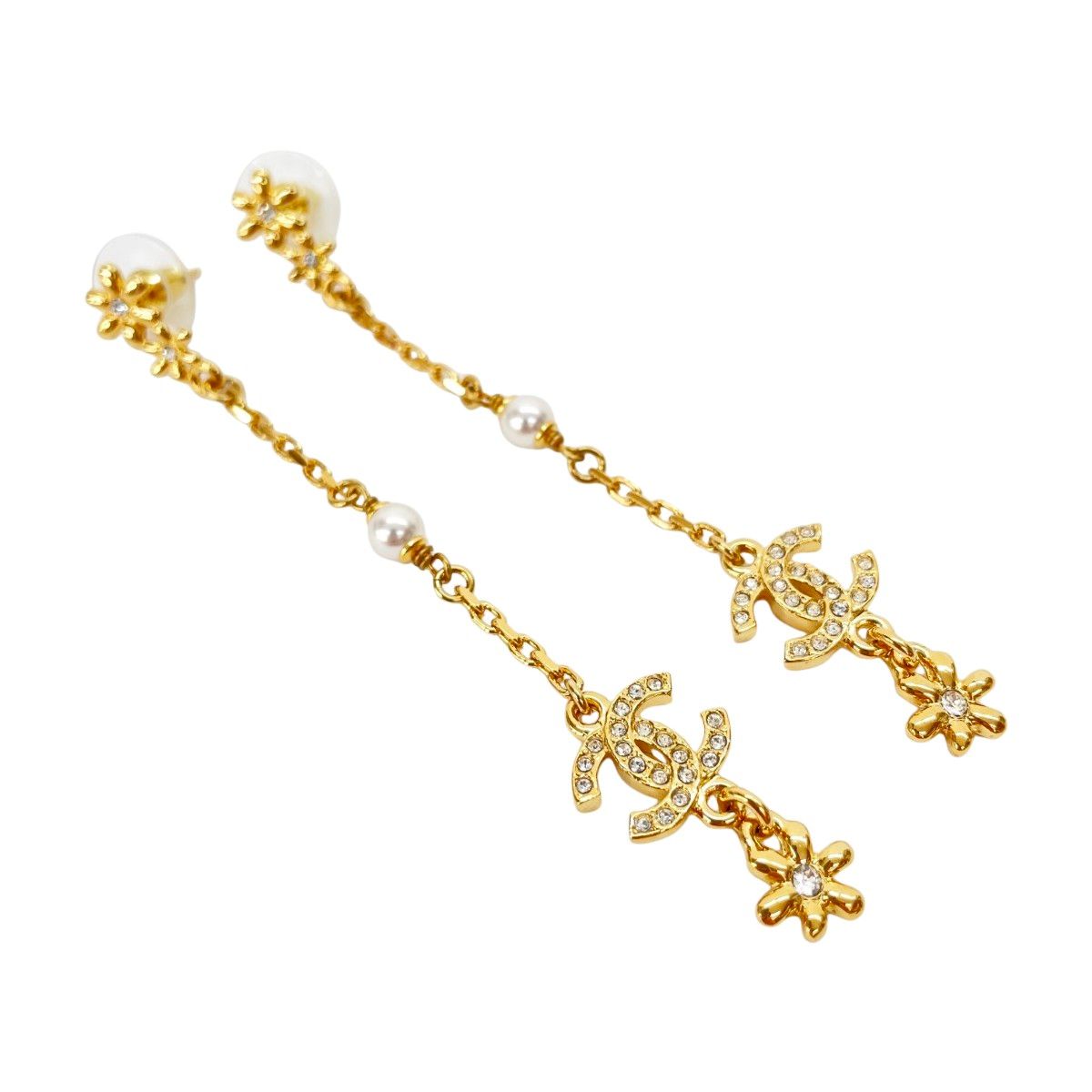 Chanel CC Logo Flower Long Earrings Faux Pearl Rhinestone Gold