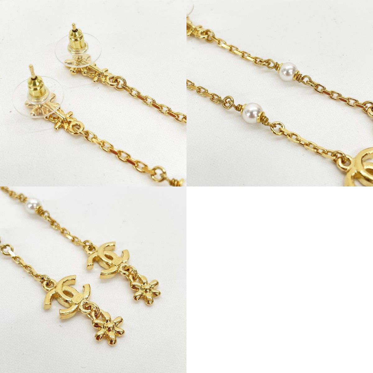Chanel CC Logo Flower Long Earrings Faux Pearl Rhinestone Gold — view 7