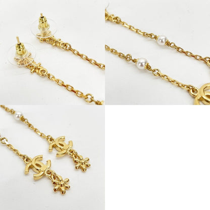 Chanel CC Logo Flower Long Earrings Faux Pearl Rhinestone Gold — view 7