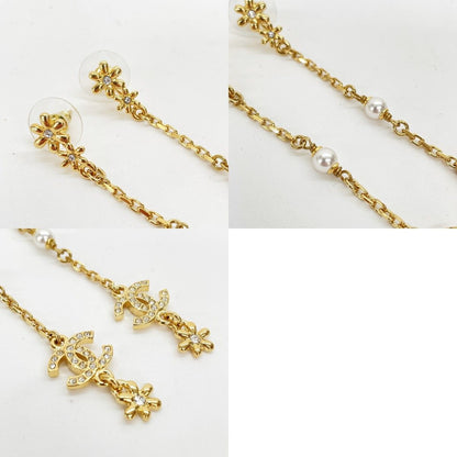 Chanel CC Logo Flower Long Earrings Faux Pearl Rhinestone Gold — view 6