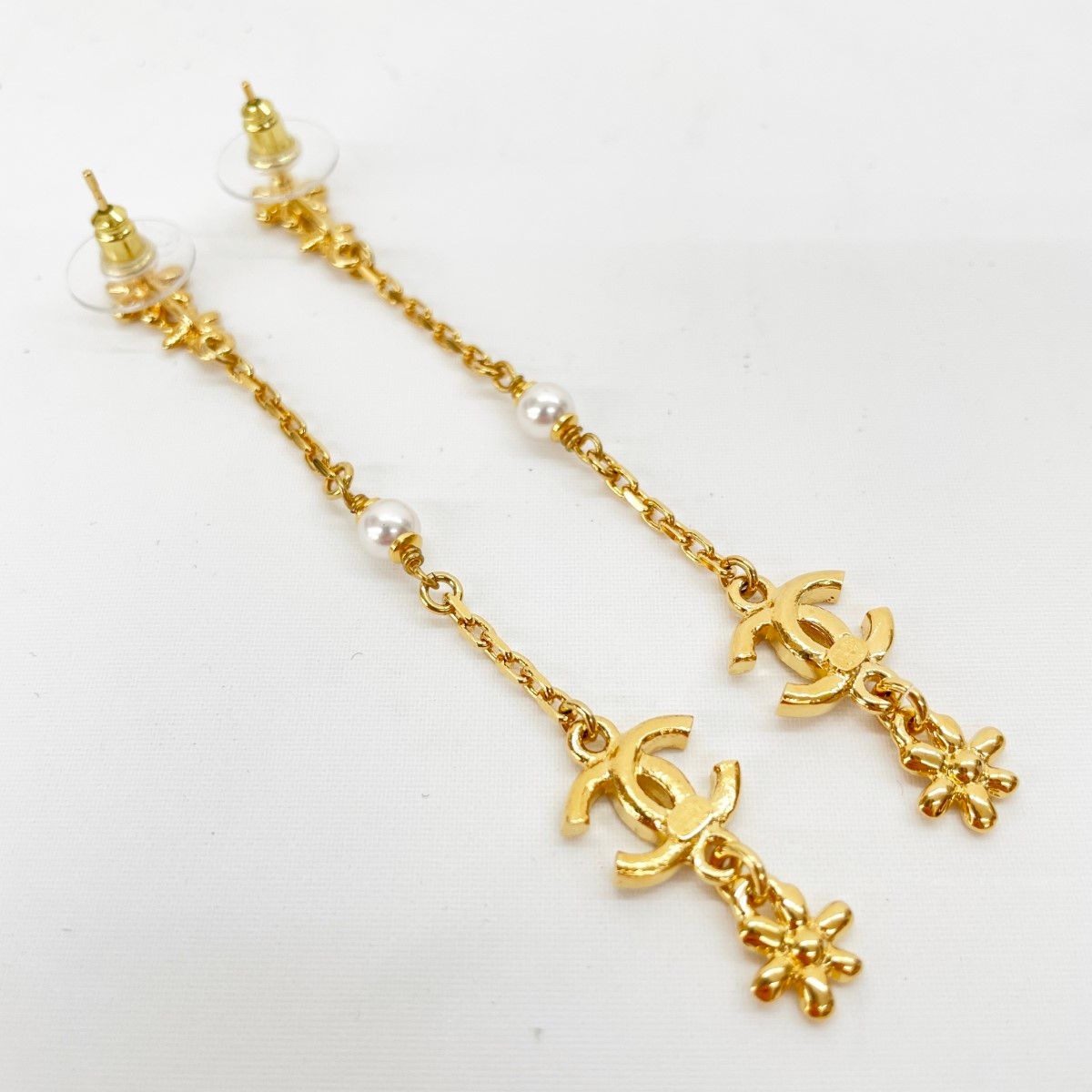 Chanel CC Logo Flower Long Earrings Faux Pearl Rhinestone Gold — view 2