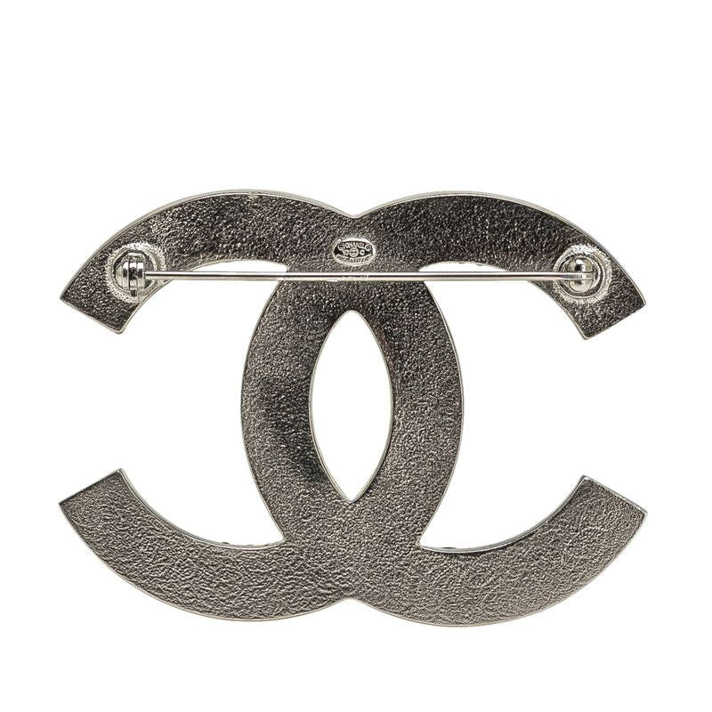 Chanel CC Logo Lame Border Brooch Silver Black Metal — view 2