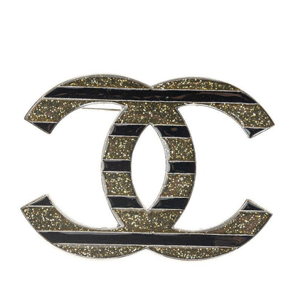 Chanel CC Logo Lame Border Brooch Silver Black Metal