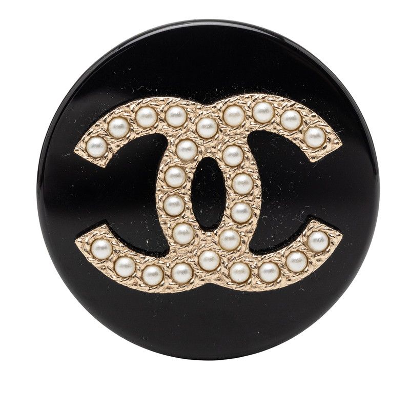 Chanel CC Logo Faux Pearl Brooch Gold Black Plated Plastic