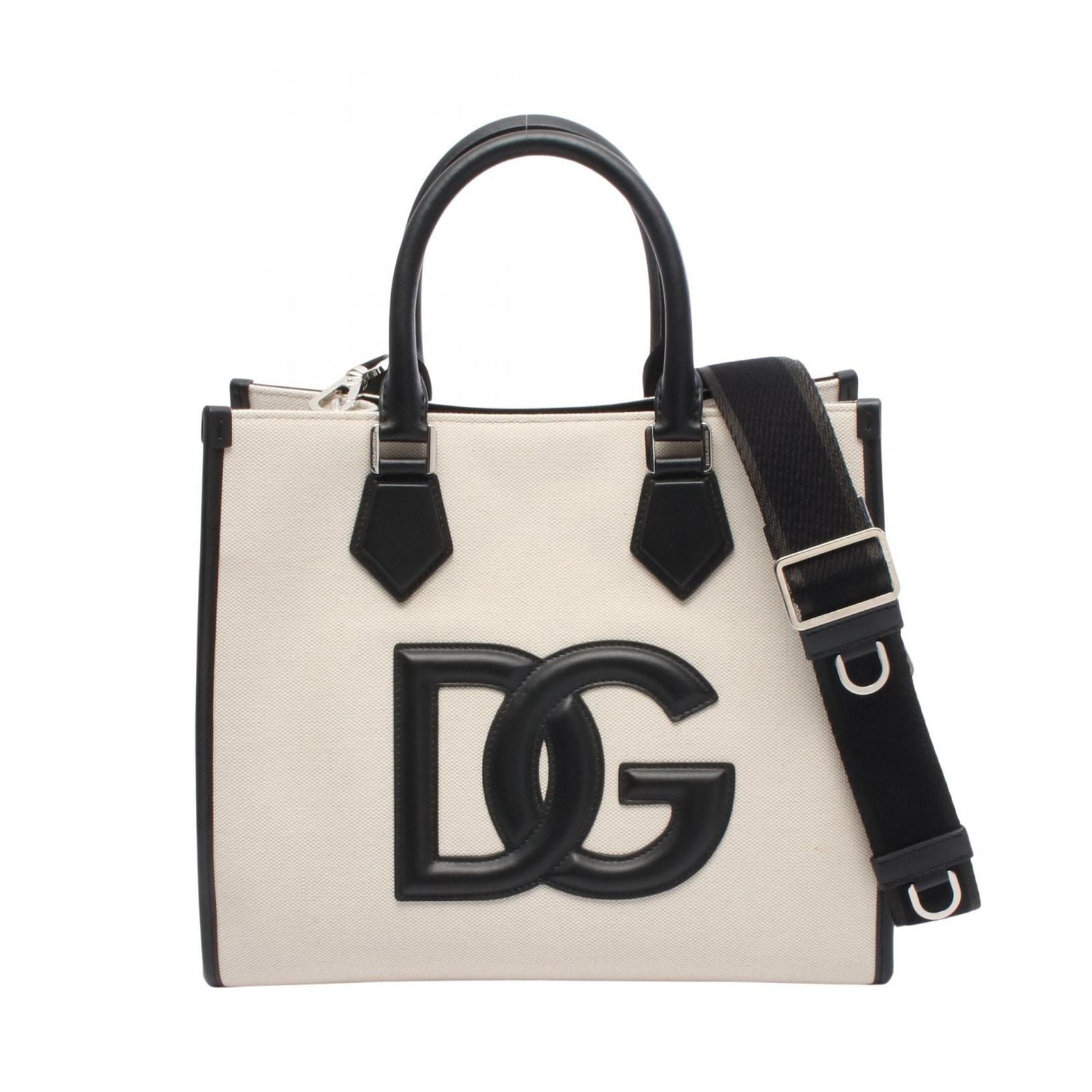 Dolce & Gabbana Tote DG Logo 2-Way Natural Black Canvas Leather Handbag