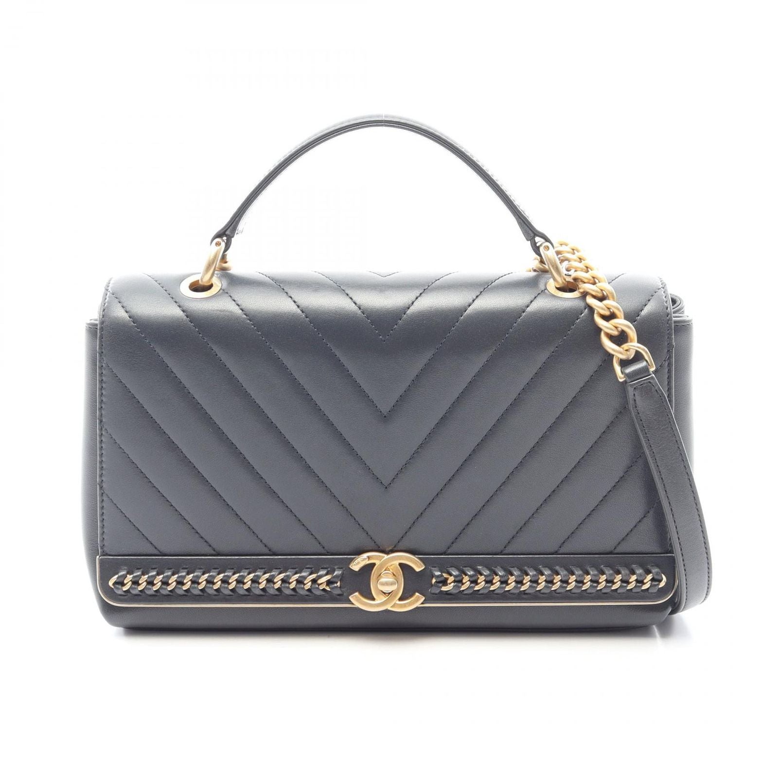 Chanel Shoulder Bag Top Handle Stitch 2-Way Navy Lambskin Chain