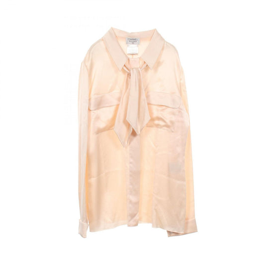 Chanel CC Logo Button Bowtie Long Sleeve Silk Blouse