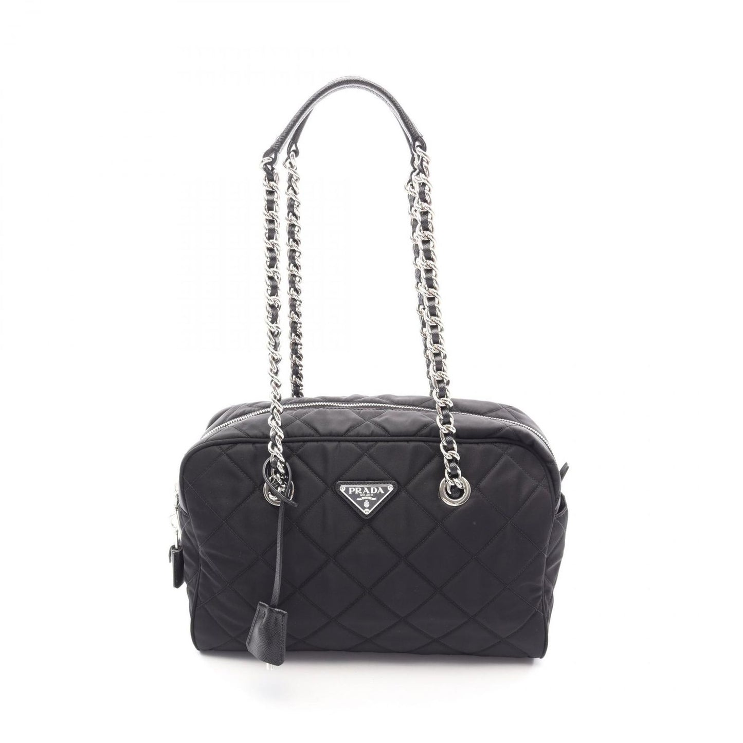 Prada Shoulder Bag Tessuto Impuntu Black Nylon Saffiano Leather Triangle Logo