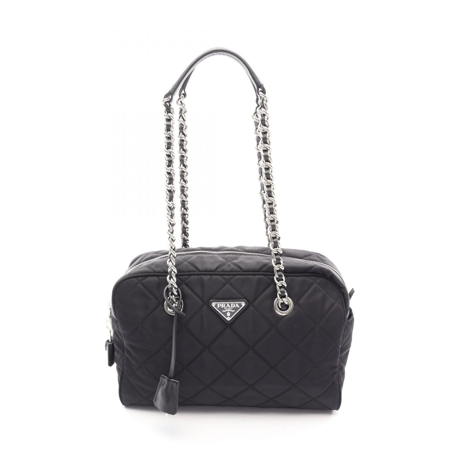 Prada Shoulder Bag Tessuto Impuntu Black Nylon Saffiano Leather Triangle Logo