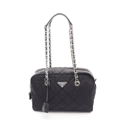 Prada Shoulder Bag Tessuto Impuntu Black Nylon Saffiano Leather Triangle Logo
