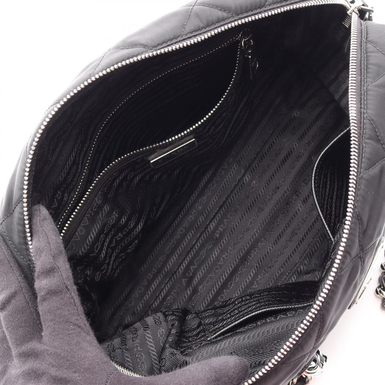 Prada Shoulder Bag Tessuto Impuntu Black Nylon Saffiano Leather Triangle Logo — view 3