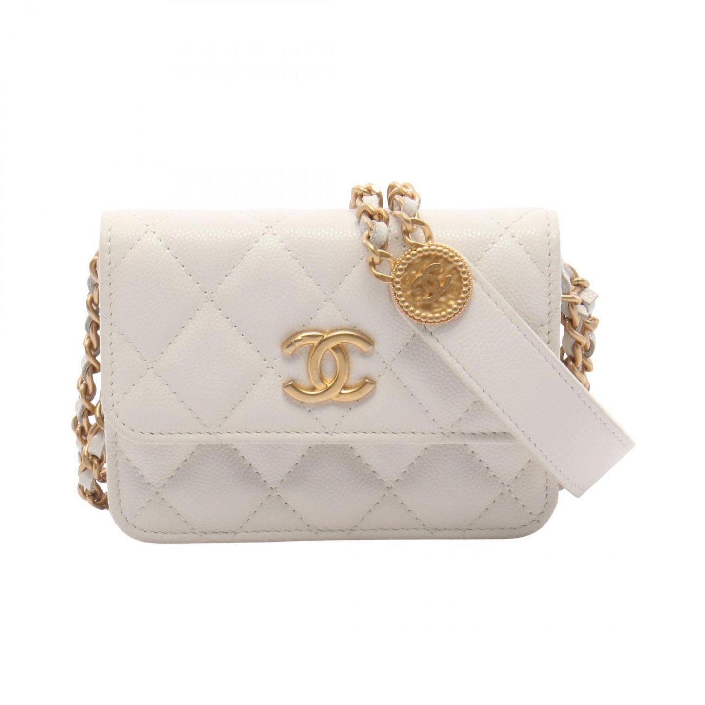 Chanel Shoulder Bag Quilted White Caviar Leather with Chain Card Case