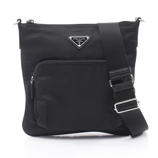 Prada Shoulder Bag Black Nylon Saffiano Leather Triangle Logo