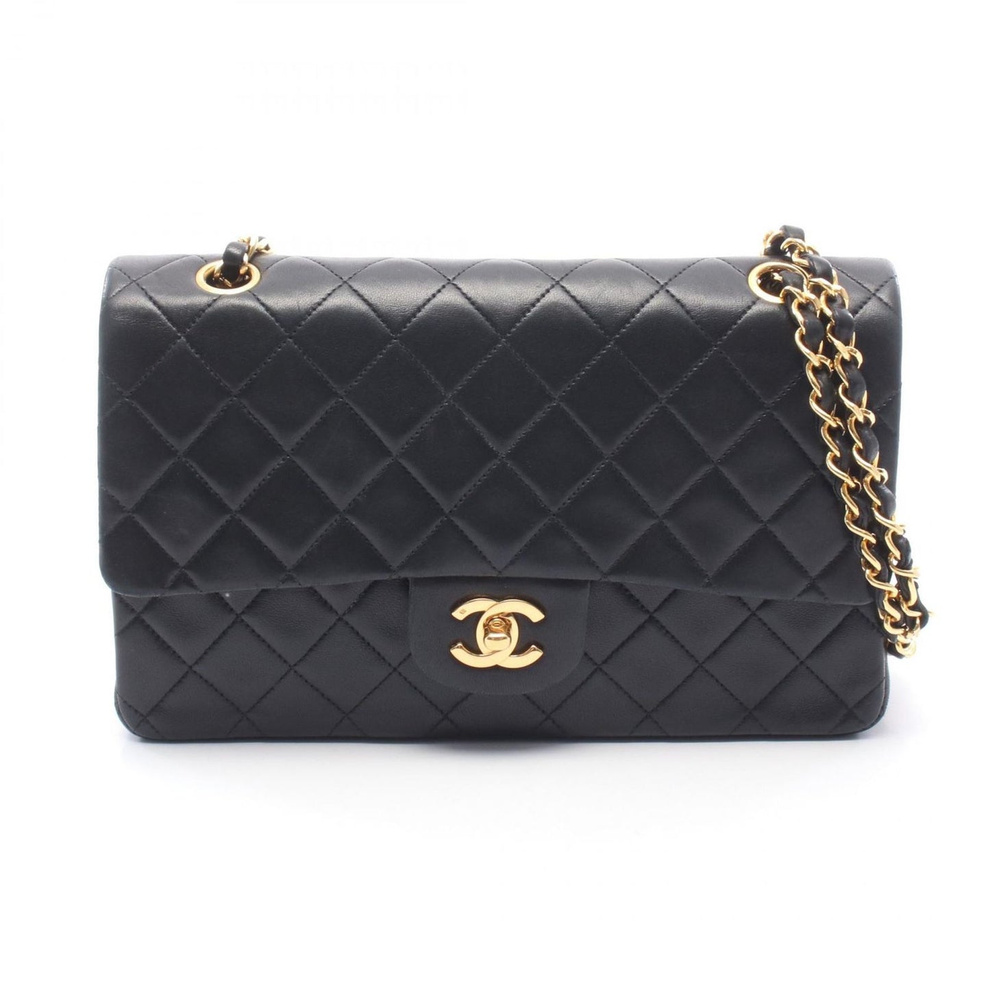 Chanel Shoulder Bag Quilted Double Flap Black Lambskin Chain