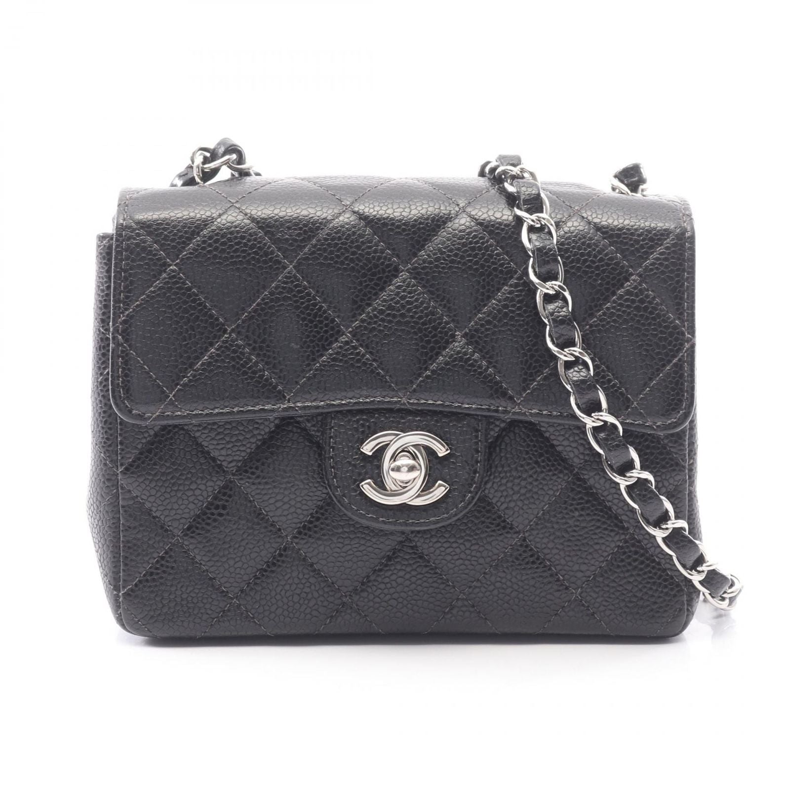 Chanel Shoulder Bag Mini Quilted Black Caviar Leather Chain