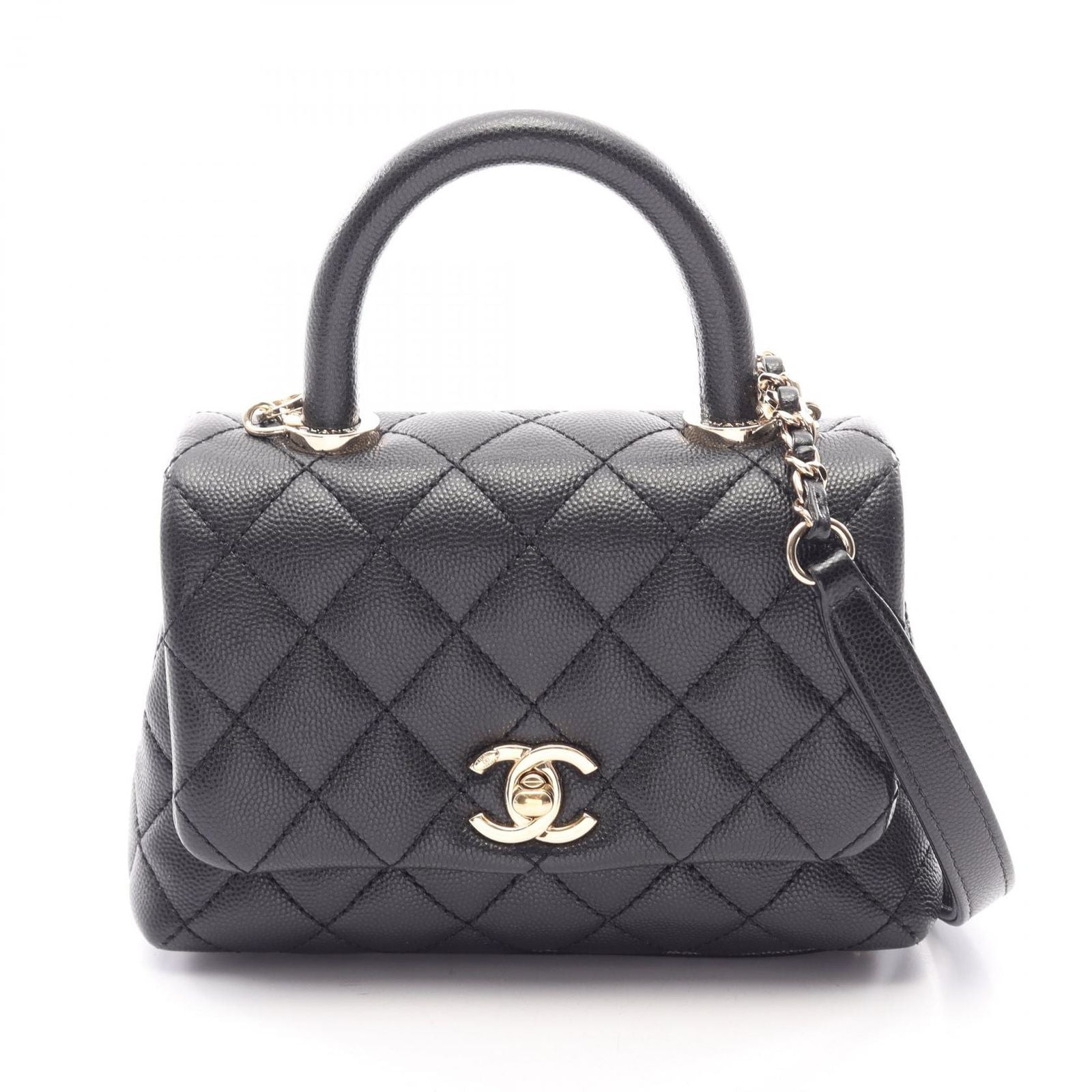 Chanel Handbag Coco Handle Xxs Top 2-Way Black Caviar Leather Quilted Chain