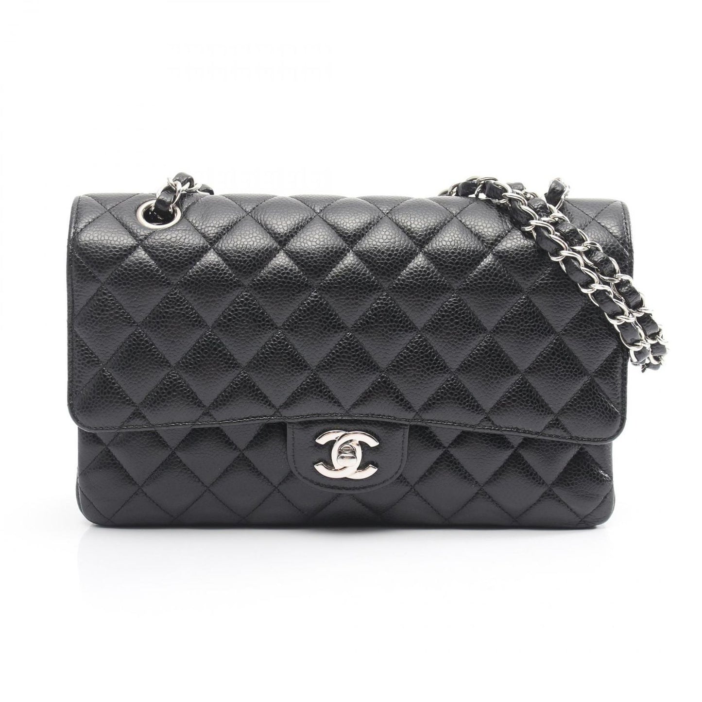 Chanel Shoulder Bag Quilted Double Flap Black Caviar Leather Chain