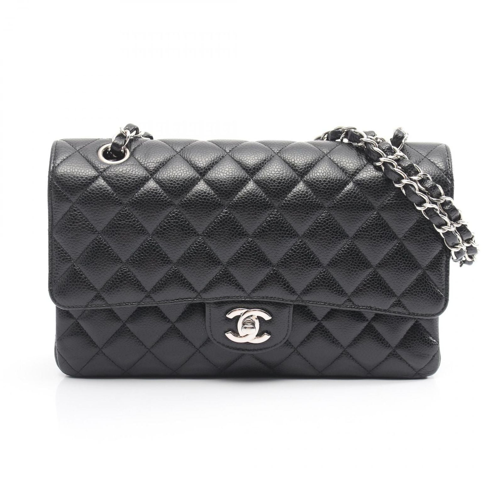 Chanel Shoulder Bag Quilted Double Flap Black Caviar Leather Chain
