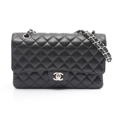 Chanel Shoulder Bag Quilted Double Flap Black Caviar Leather Chain