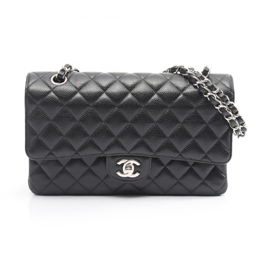 Chanel Shoulder Bag Quilted Double Flap Black Caviar Leather Chain