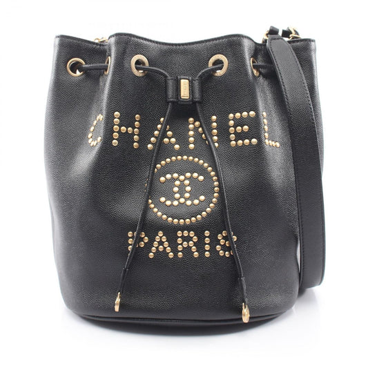 Chanel Shoulder Bag Deauville Drawstring Black Caviar Leather Logo Studs