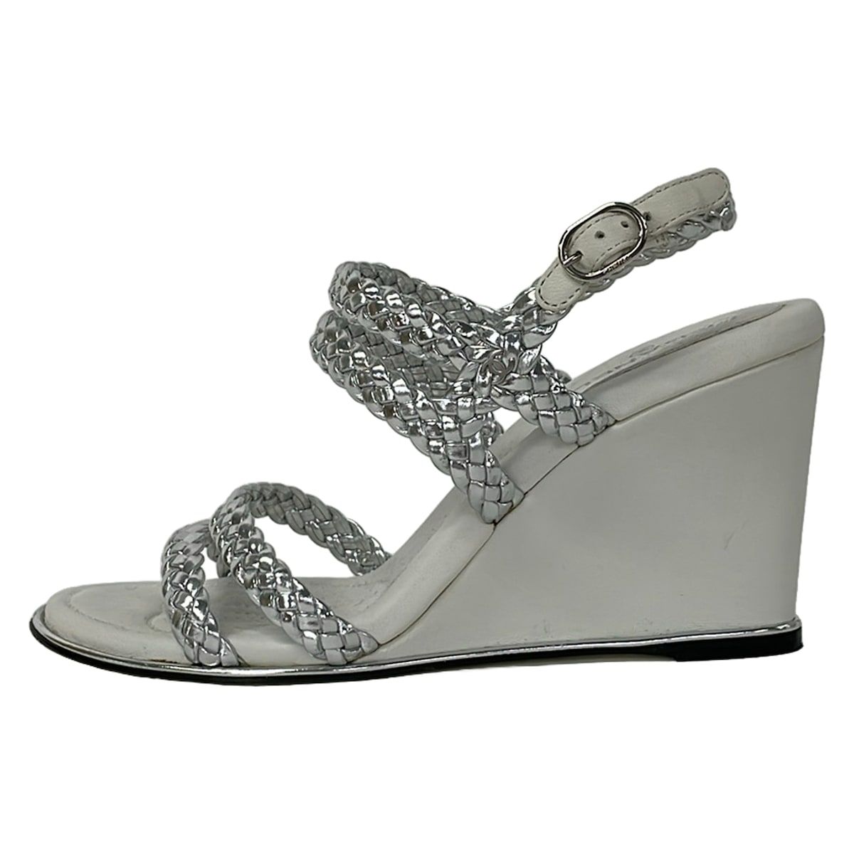 Chanel Sandals 35.5 C Silver White Braided Wedge Sole Leather