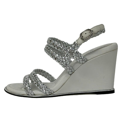 Chanel Sandals 35.5 C Silver White Braided Wedge Sole Leather