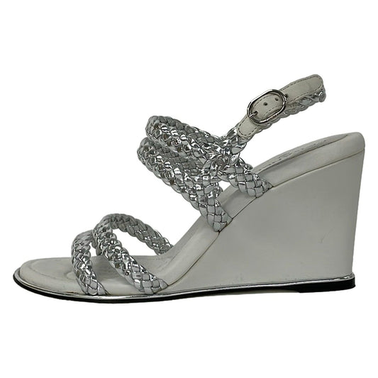 Chanel Sandals 35.5 C Silver White Braided Wedge Sole Leather