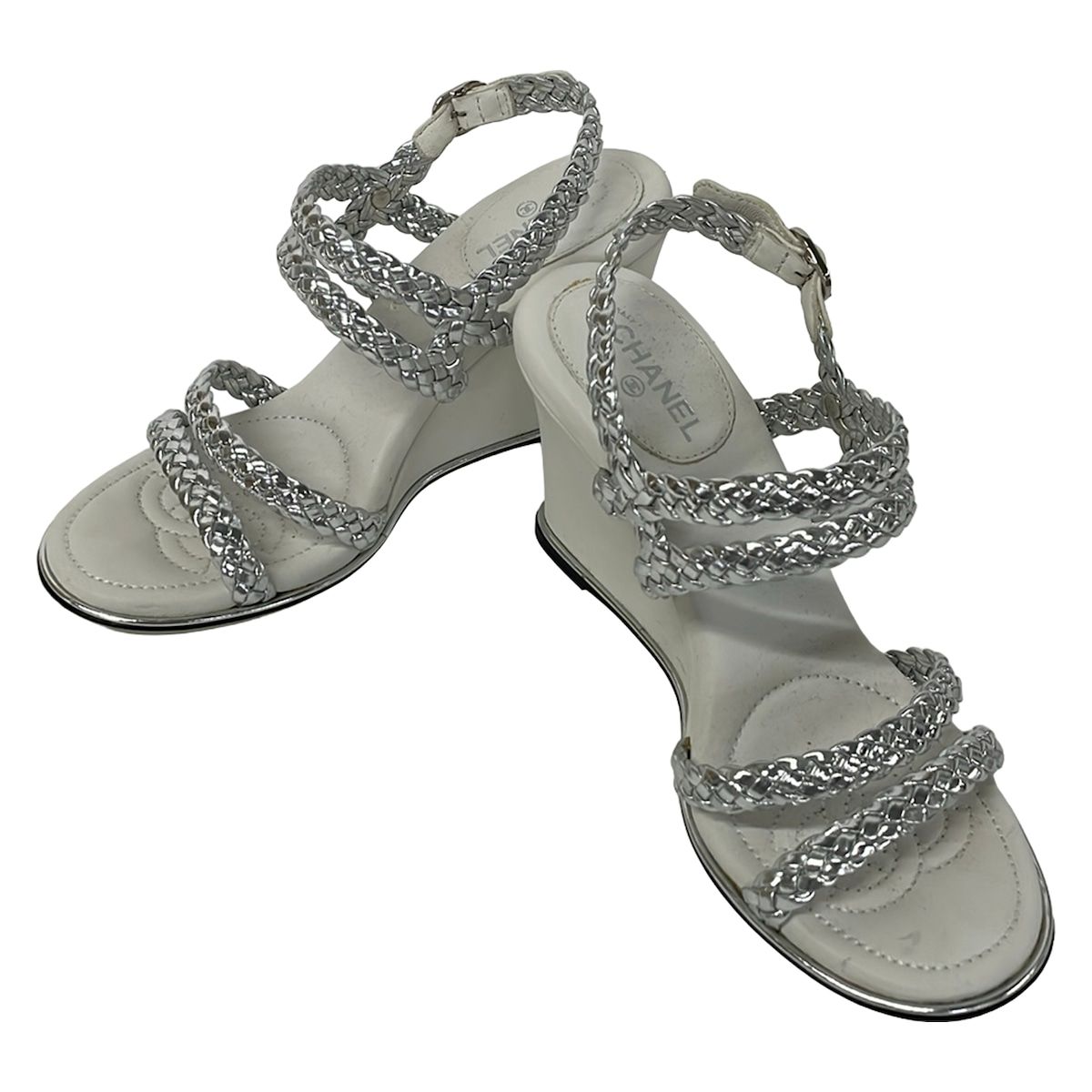 Chanel Sandals 35.5 C Silver White Braided Wedge Sole Leather — view 2