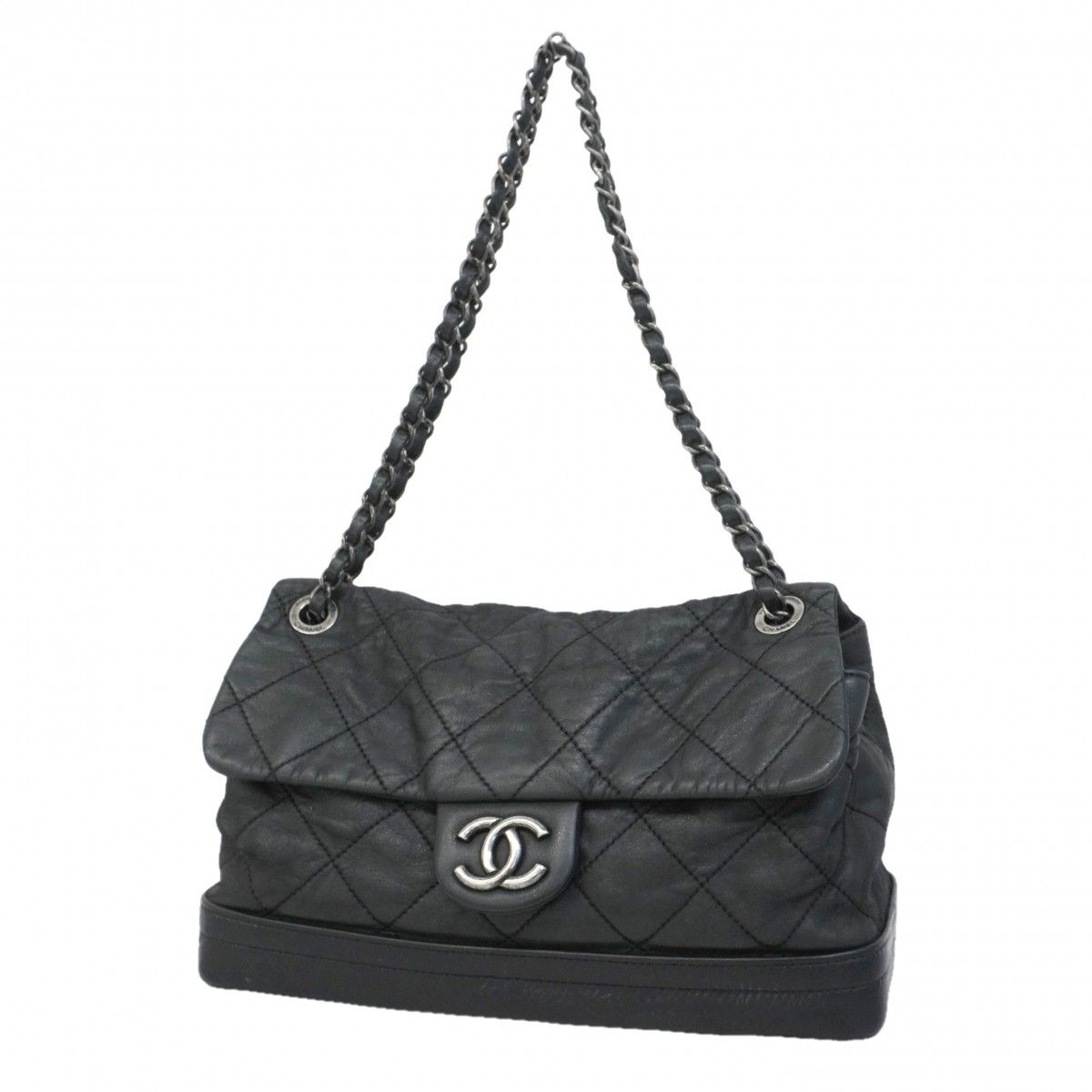 Chanel Sale Shoulder Bag Quilted Leather Black Silver