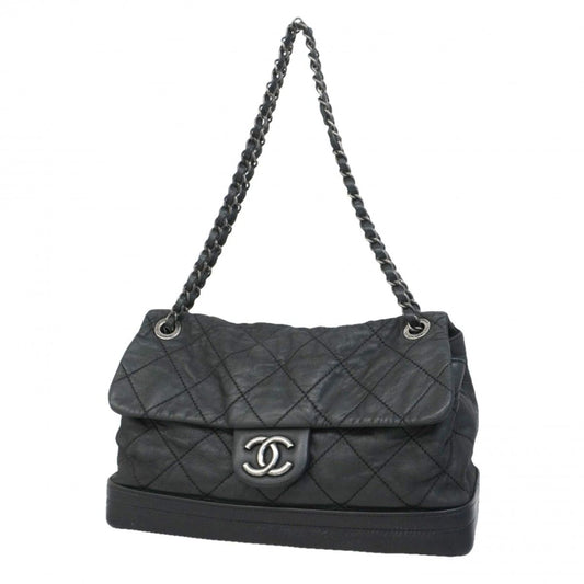 Chanel Sale Shoulder Bag Quilted Leather Black Silver